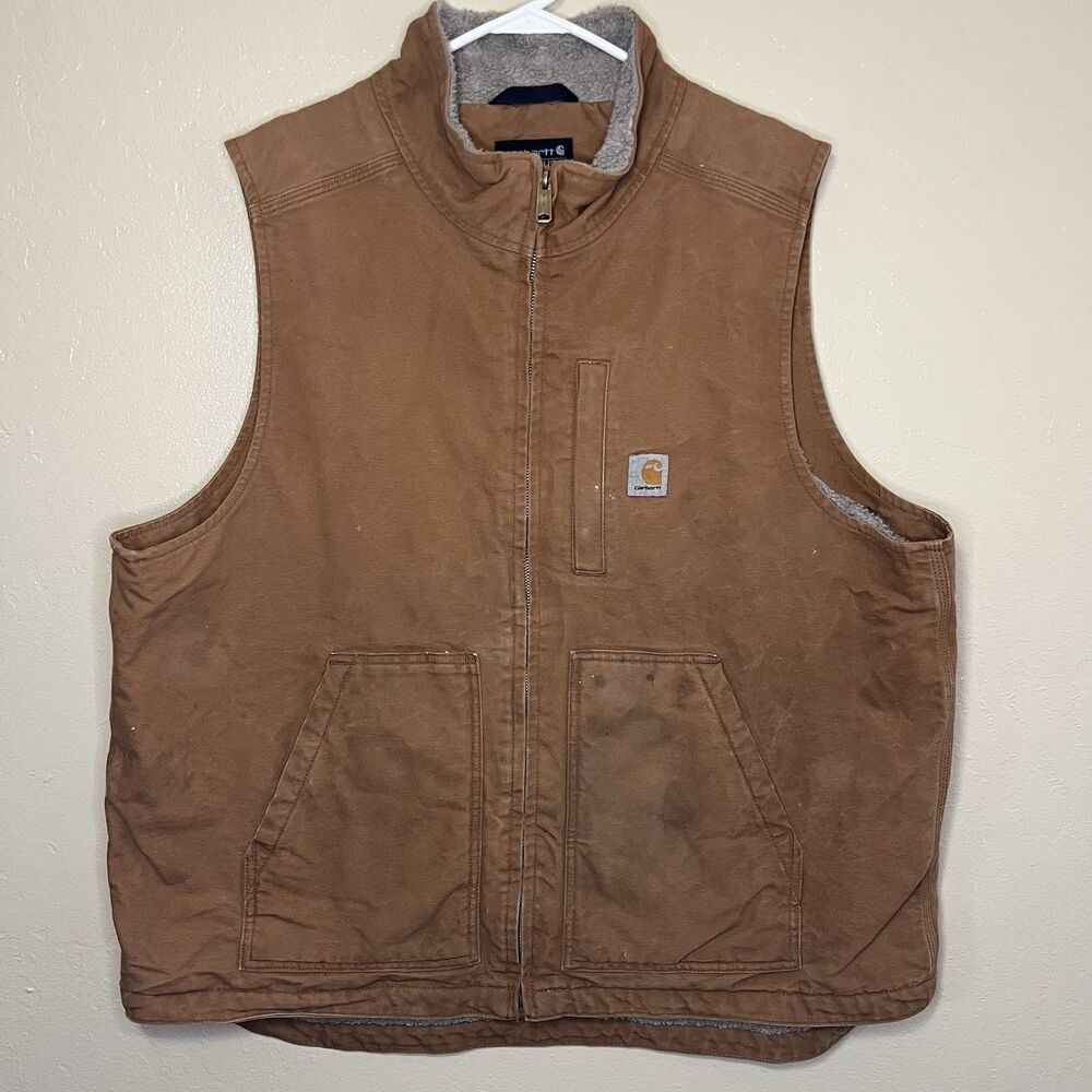 Carhartt Mens XL Loose Fit Brown Sherpa Lined Mock Neck Duck Vest 0V4277-M Chore
